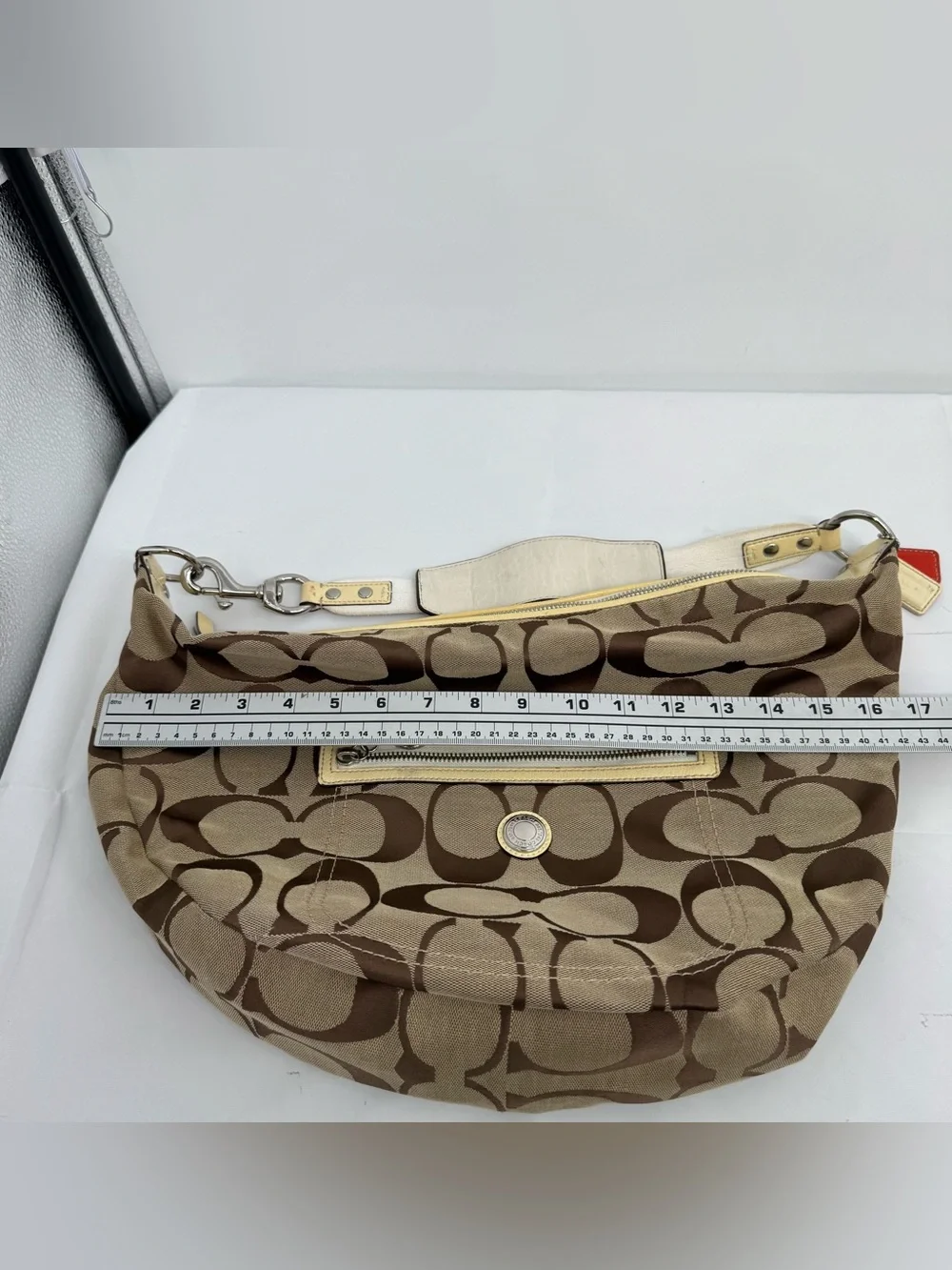 Coach Brown Beige Signature Carly Hobo Shoulder Bag Silver Hardware F14870